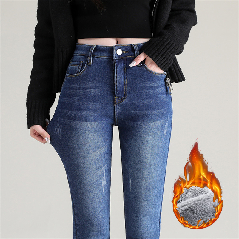 Women Thermal Jeans, Warm Fleece Lined Winter Denim Pants, Stretch Skinny Retro Blue Thicken Pencil Trousers gray 30