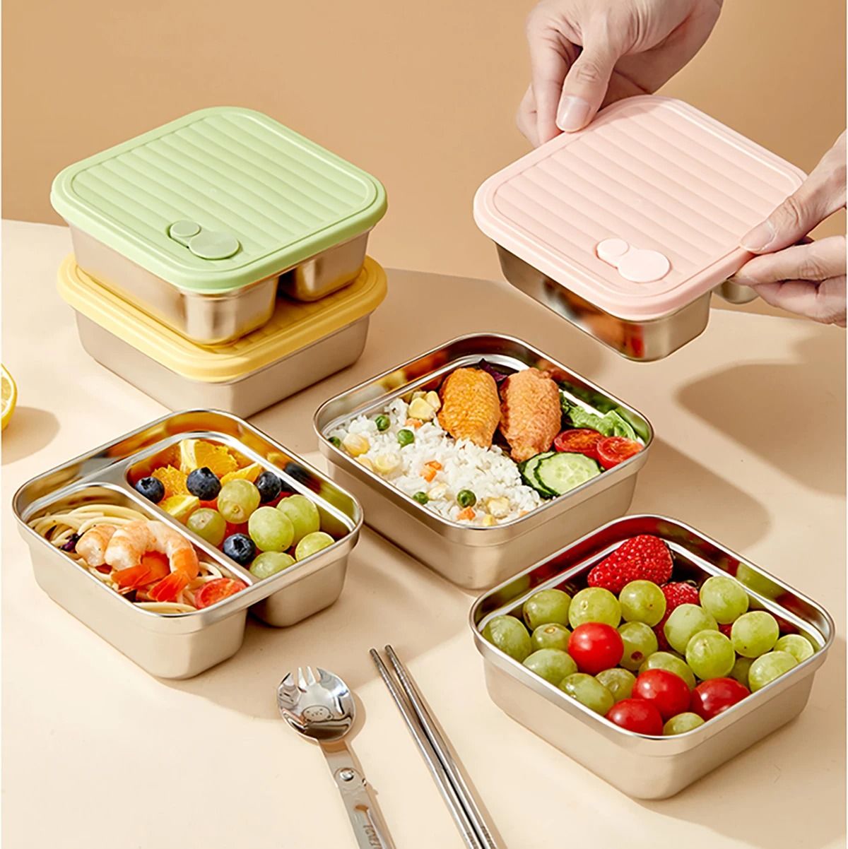 WORTHBUY 304 Stainless Steel Lunch Box With Lid Portable Food Container b Style Yellow 600 Ml