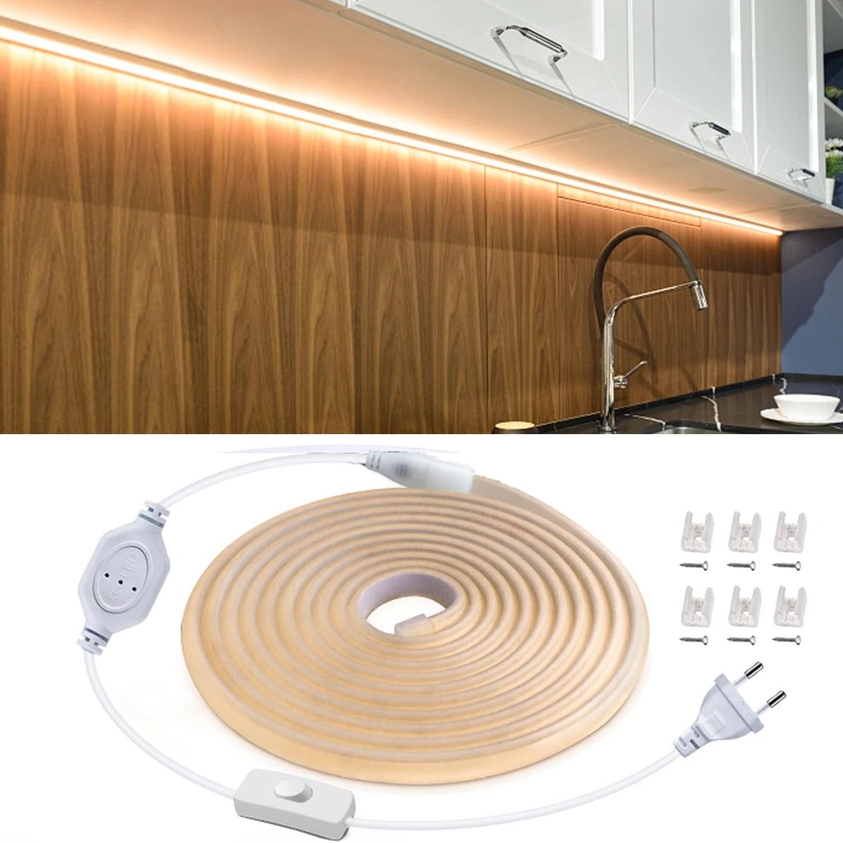 Waterproof Under Cabinet LED Light Kitchen COB Strip Lamp With Button Switch eu 7m natural White
