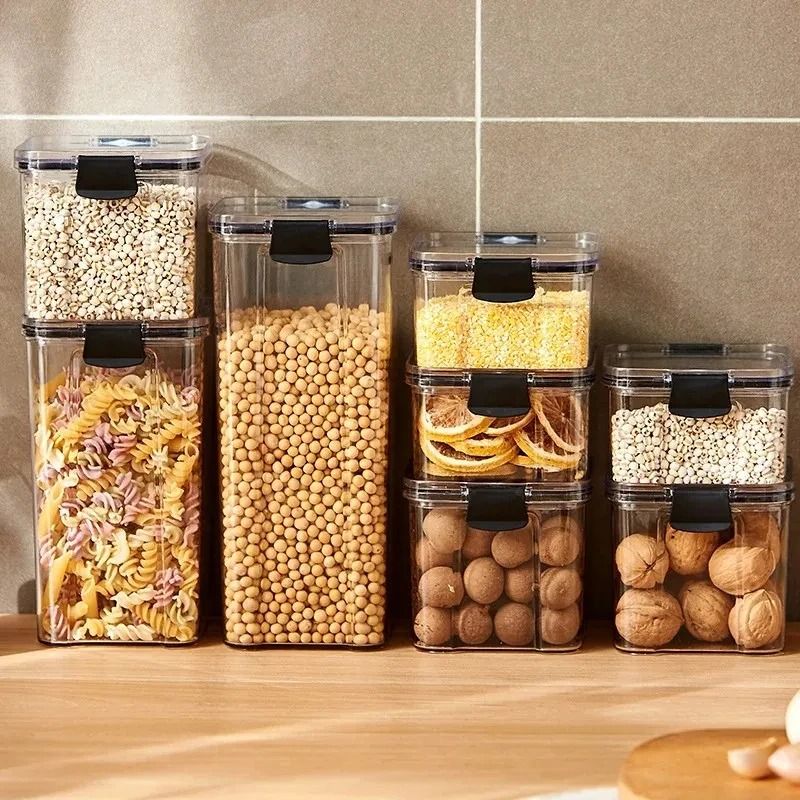 High Quality Sealed Jar Food Storage Box Transparent Plastic Kitchen Organizer white 1300 Ml 4 Pcs