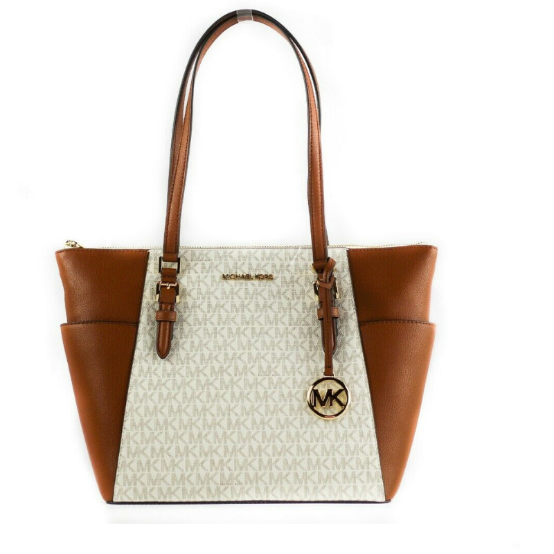 Michael Kors Charlotte Signature Leder Große Top-Zip Tote Handtasche (Vanille) Image