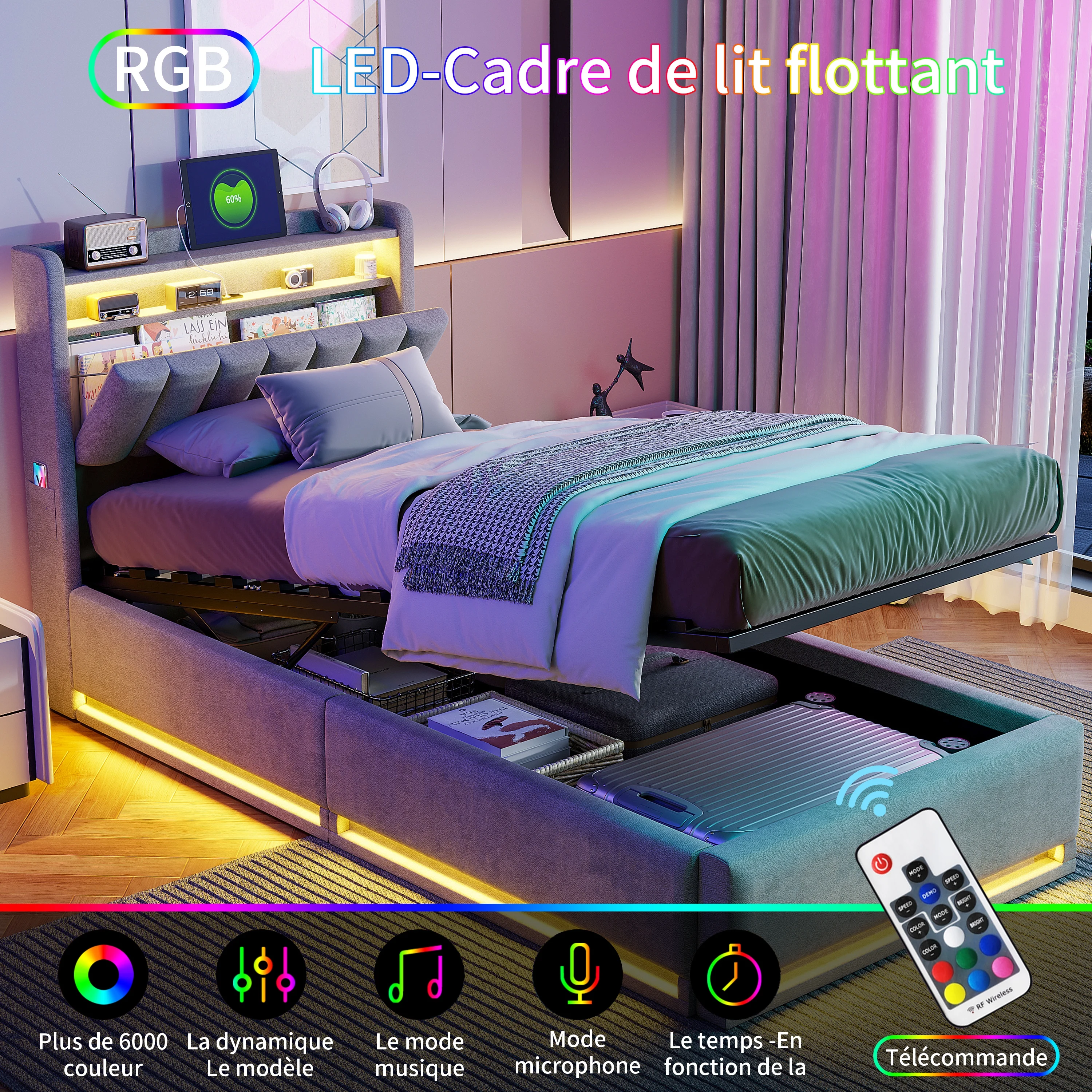 Rosahqnda Doppelbett, Kopfteil mit LED-Beleuchtung, USB-Anschlüsse und Abblagefach, Stauraumbett, Gästebett, Jugendbett, Samtstoff Image