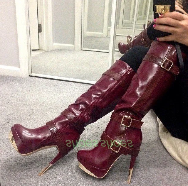 Dame Zipper Patent Stil Knie Stiefel Plattform Schnalle Stiletto Ferse Schuhe Runway Pu Neu Kommen Retro Rot Vintage Stiefel