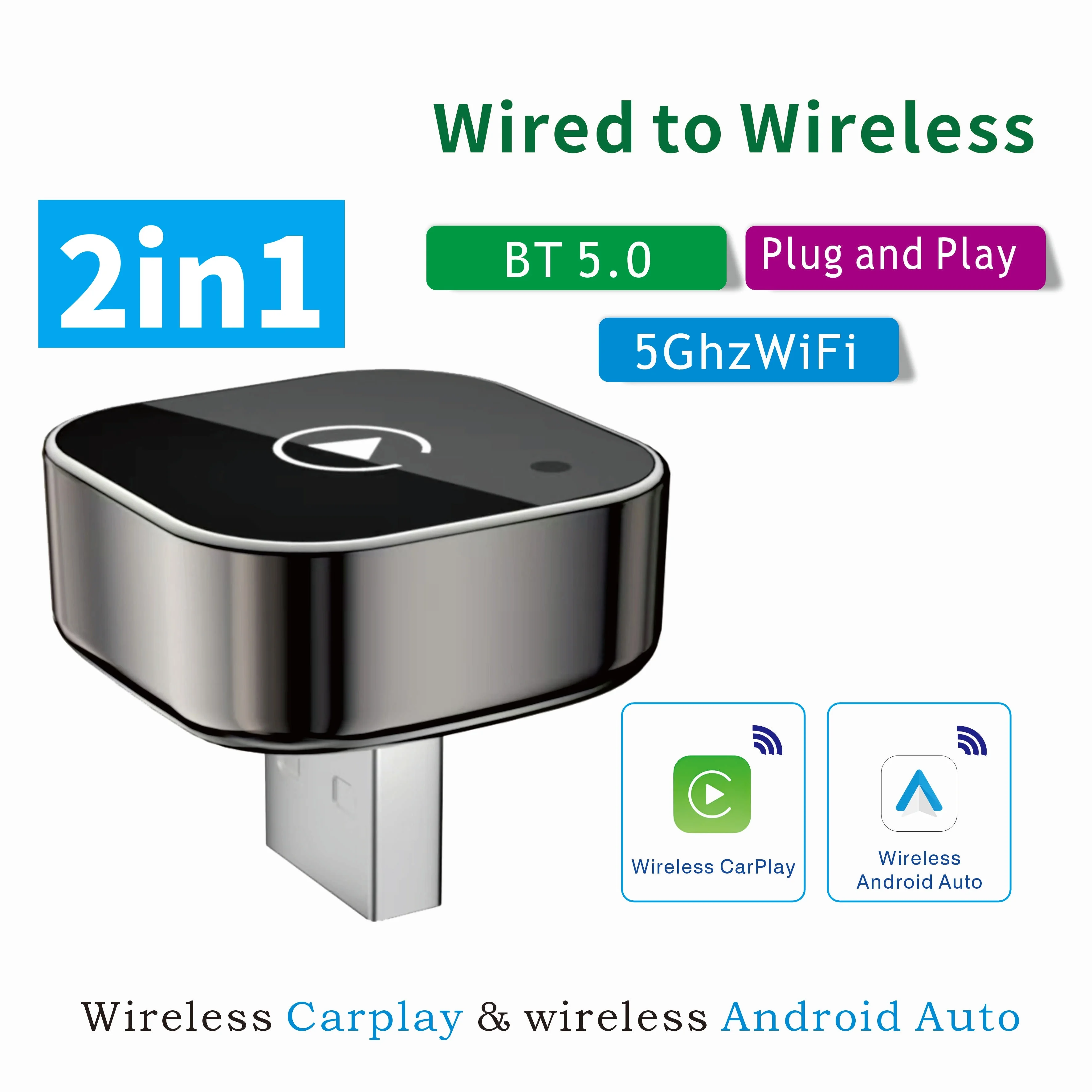 2-in-1-Wireless-CarPlay-Android-Auto-Adapter mit Kabel für OEM-Autoradio mit USB-Dongle, Smart Mini Box, Plug-Play-Blueto Image