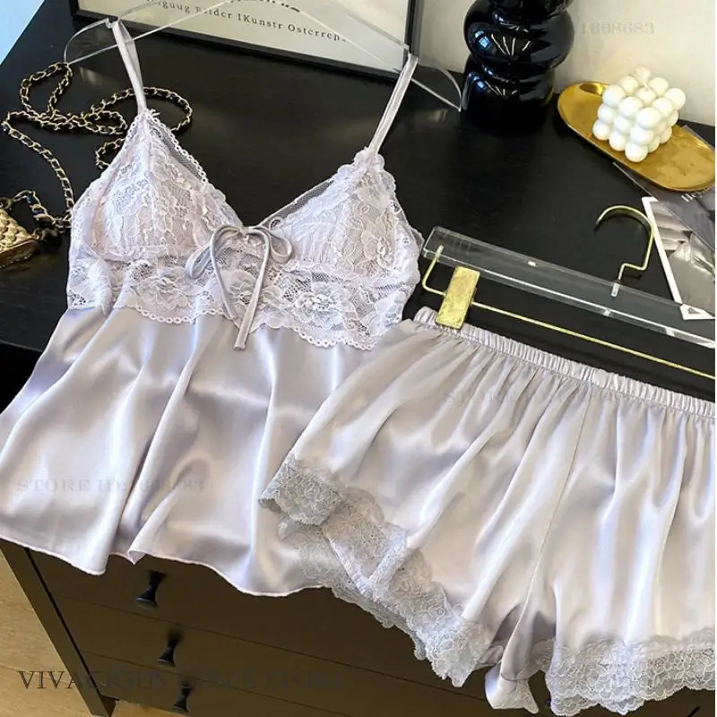 Weibliche Hosenträger Pyjamas Set Lounge Tragen Sexy Aushöhlen Spitze Intimate Dessous Nachtwäsche Sommer Neue Strap Top & Shorts homewear Image