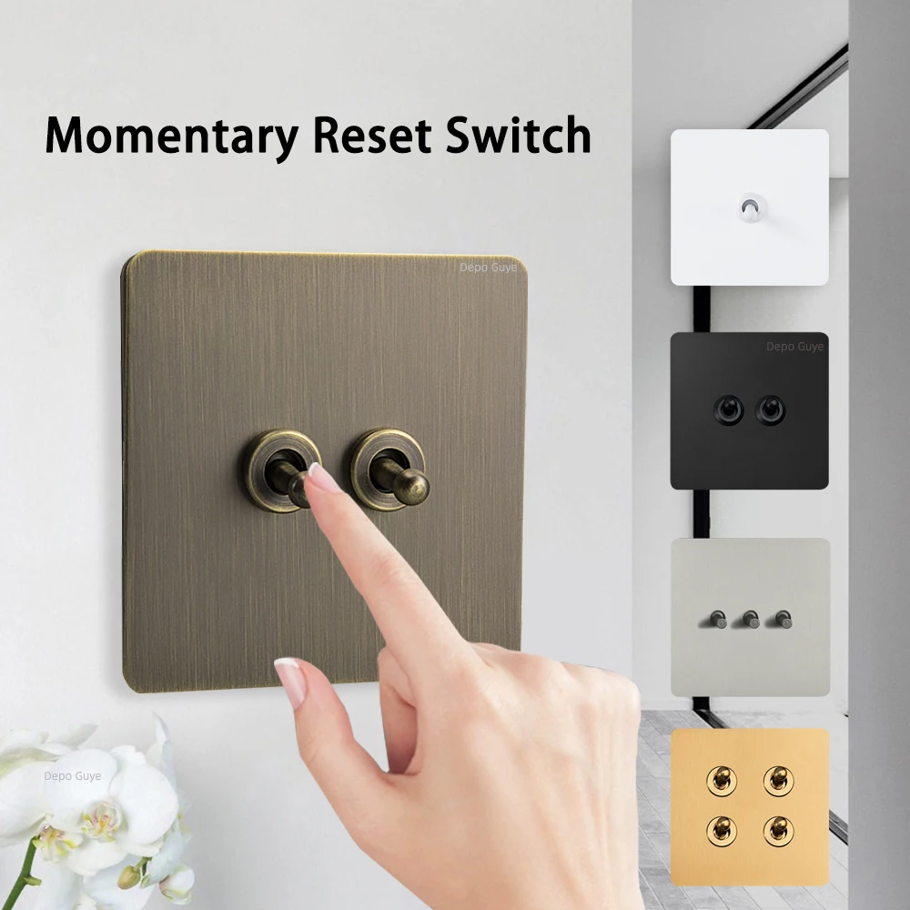 86-Typ Retro-Wand-Momentan-Reset-Schalter Messinghebel 1-4 Gang bronzierte antike Schalter Edelstahlplatte für Zuhause