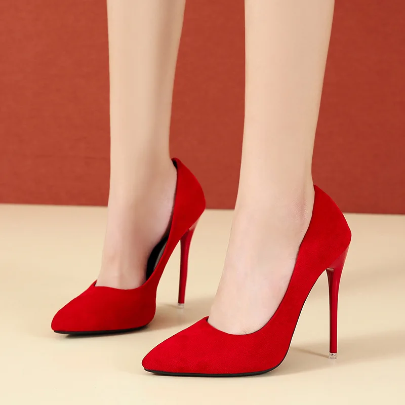 High Heel Slim Heel Pointed Single Shoes Women's Professional Work Shoes Suede High Heel Shoes Women's Office Dress Stilettos