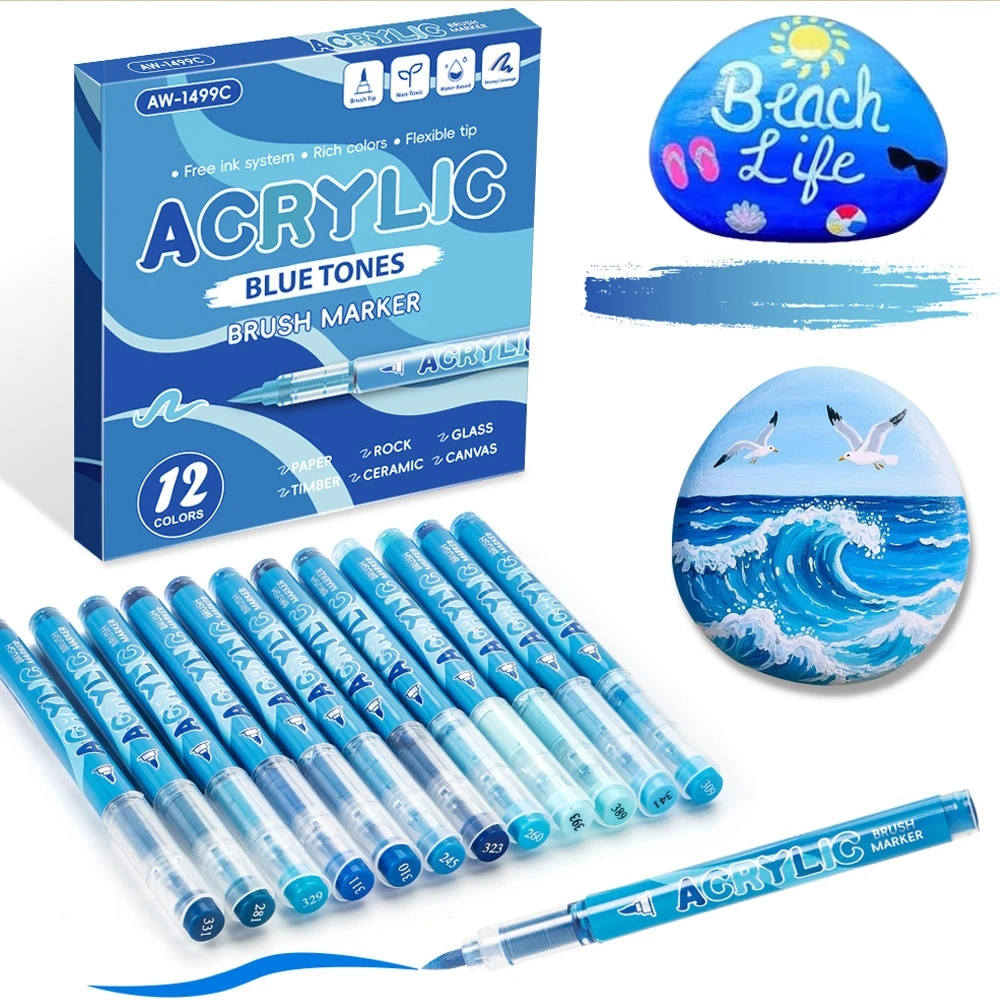 Acryl-Farbmarker, 12 Stück, weiche Acryl-Farbstift mit Bürstenspitze, schnell trocknende wasserfeste Tinte, zum Felsmalerei, Kunststoff, Leinwand, Glas Image