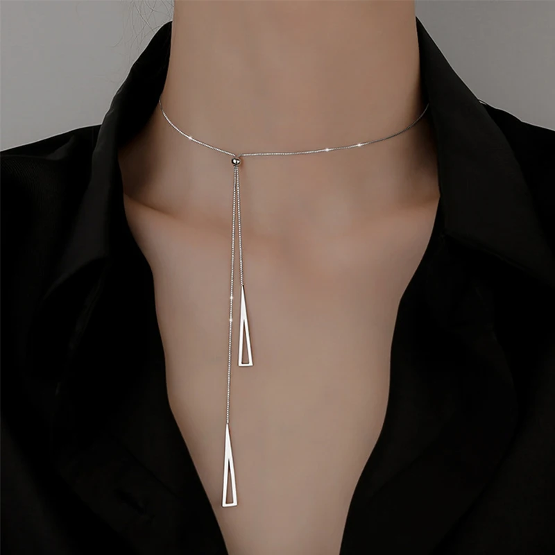 Nuova collana a triangolo geometrico in argento sterling 925 per donna Catena regolabile con clavicola catena maglione Catena di corda Regali di gioielli