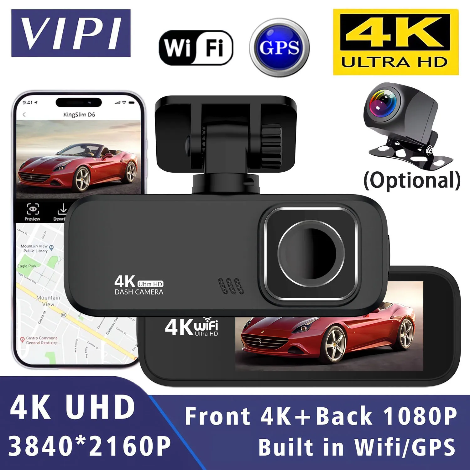 4K 2160P Dash Cam WIFI GPS Auto DVR Dual Objektiv Kamera Video Mini Drive Recorder Dashcam Black Box 24 Stunden Parkplatz Nachtsicht Image