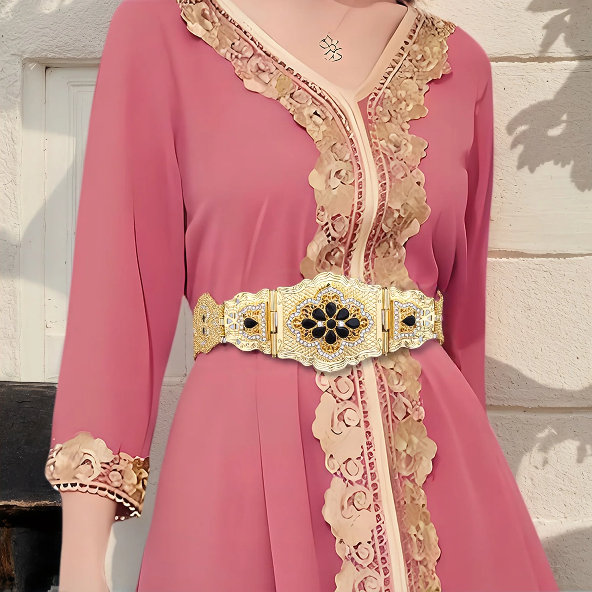Eleganter goldfarbener Damen-Hochzeitsgürtel, verstellbare Länge, Kristall, Algerien, Braut, Hochzeit, Schmuck, Marokko-Kaftan-Gürtel Image