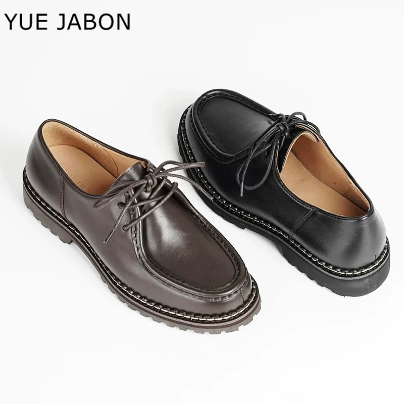 Derby-Schuhe mit dicken Sohlen, echtes Leder, Herrenschuhe, Designer-Freizeitschuhe zum Schnüren, verschleißfest, trendige handgefertigte Herrenschuhe