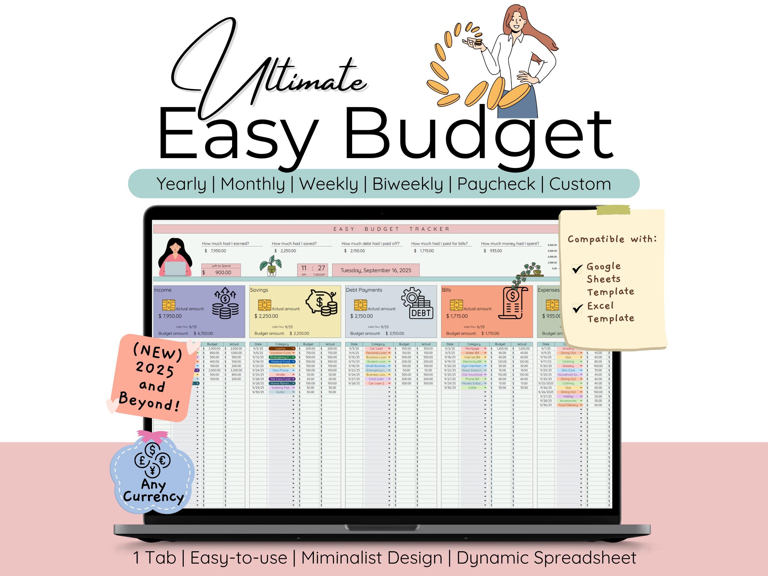 Pianificatore di budget Modello Google Sheets Foglio di calcolo del budget mensile Modello Excel Busta paga settimanale Monitoraggio del budget bisett