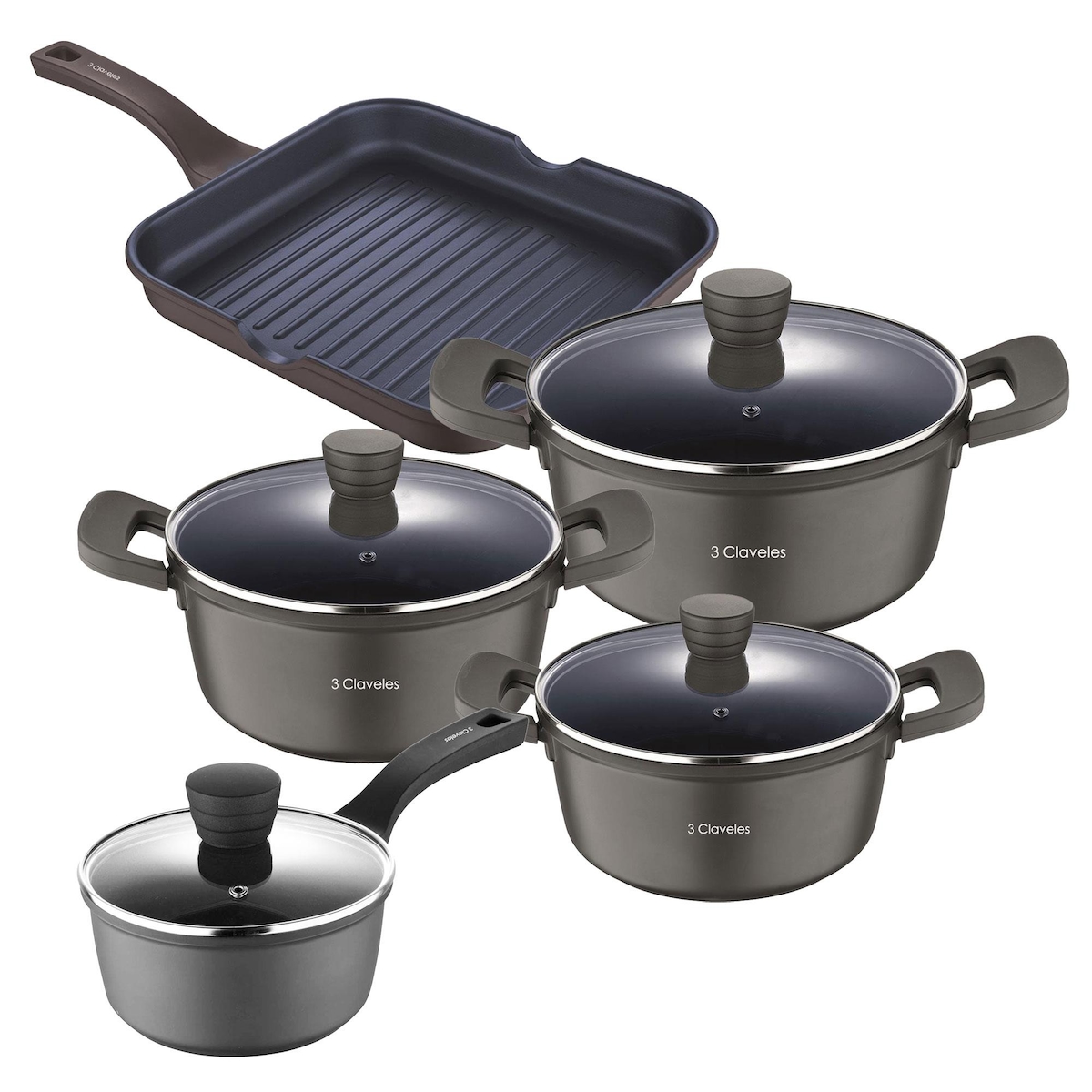 3claveles - Küchenset 3 Kasserollen Ø20/Ø24/Ø28cm und Stielkasserolle Ø16cm aus Gussaluminium mit Grillp 28x28cm aus Schmiedaluminium Image