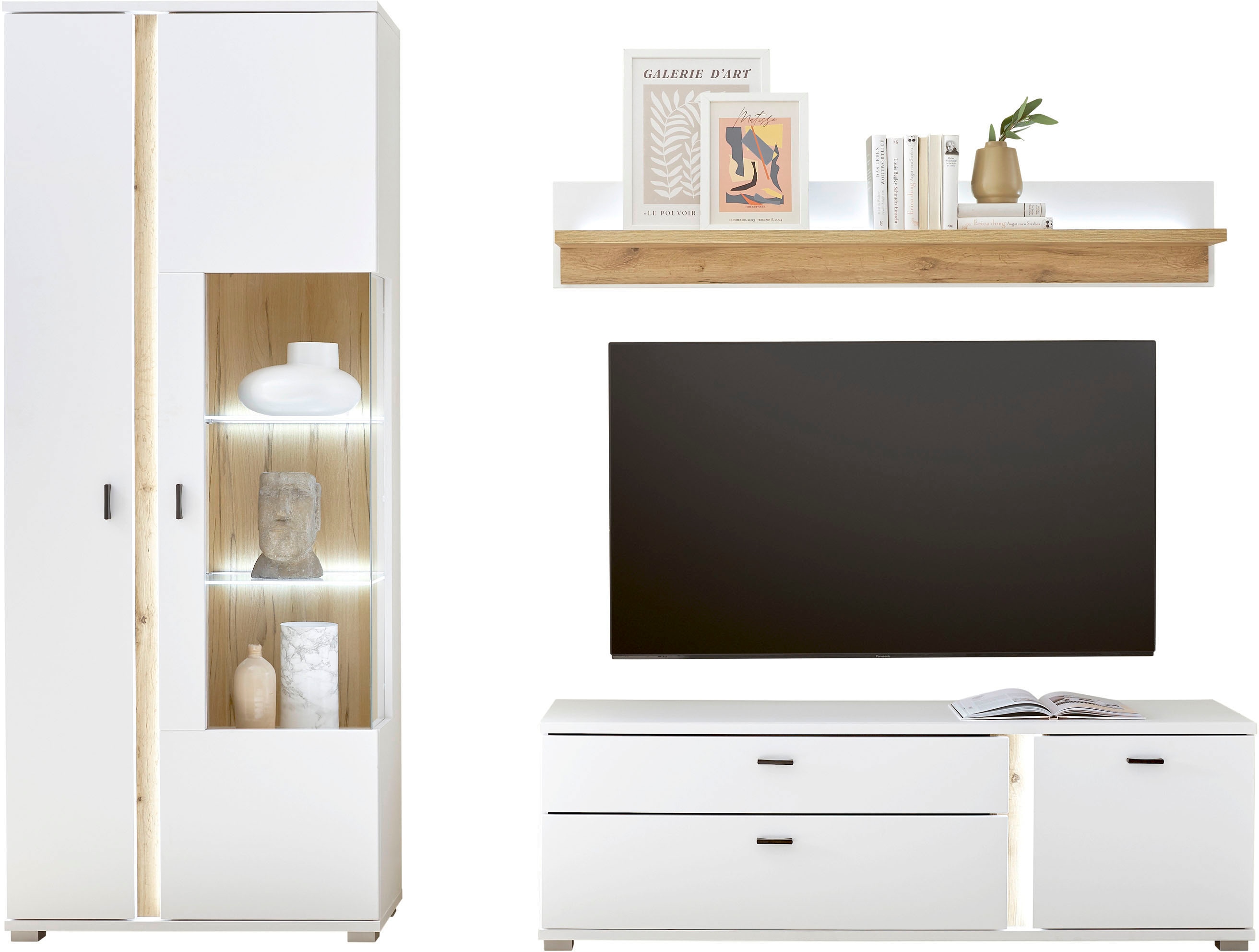 Wohnwand INOSIGN "LONG ISLAND", weiß (weiß, eiche), B:240cm H:200cm T:42cm, Holzwerkstoff, Kastenmöbel-Sets, Wohnwand, in moderner Trendfarbe,inklusive senkrechter Beleuchtung,Breite 240 cm