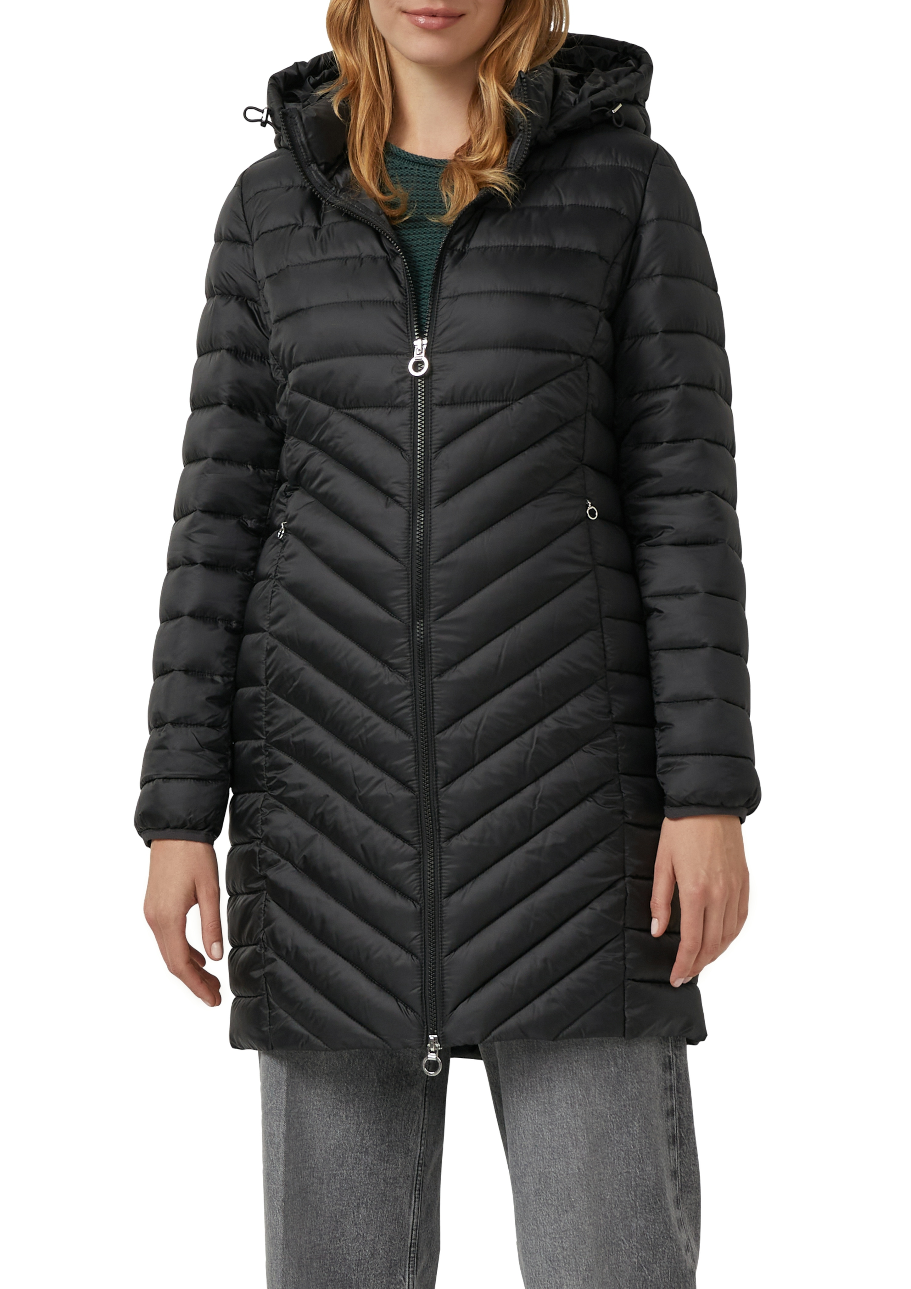 Steppmantel S.OLIVER, Damen, Gr. 34, schwarz, Web, Obermaterial: 100% Polyester, unifarben, schmal ca. Mitte Oberschenkel, elastischer Bund, Mäntel Steppmantel, im Slim Fit, abnehmbare Kapuze, Topseller