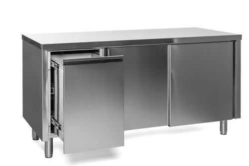 VM Europa Edelstahl Arbeitsschrank mit Abfallbehälter links, mit Zwischenboden - alle Größen montiert: 160 x 60 cm / ohne Aufkantung / fertig montiert Image