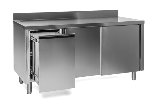 VM Europa Edelstahl Arbeitsschrank mit Abfallbehälter links, mit Zwischenboden - alle Größen montiert: 200 x 70 cm / mit Aufkantung / fertig montiert Image