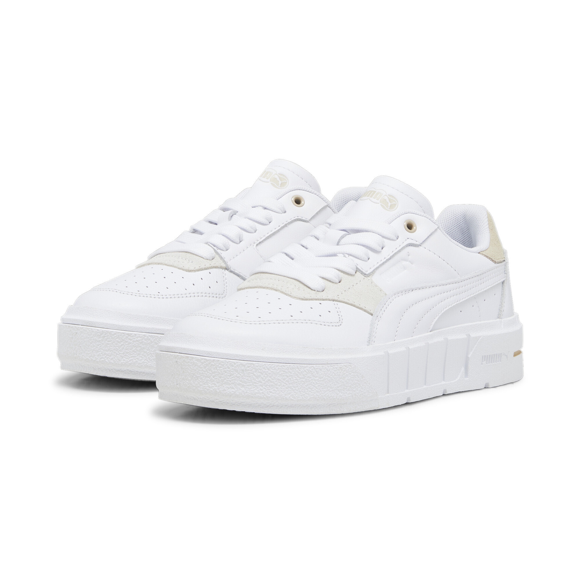 Sneaker PUMA "Cali Court Match Sneakers Damen", Damen, Gr. 39, weiß granola beige, Obermaterial: Kuhleder, Synthetik; Futter: Textil; Innensohle: Textil; Laufsohle: Gummi, Schuhe Sneaker