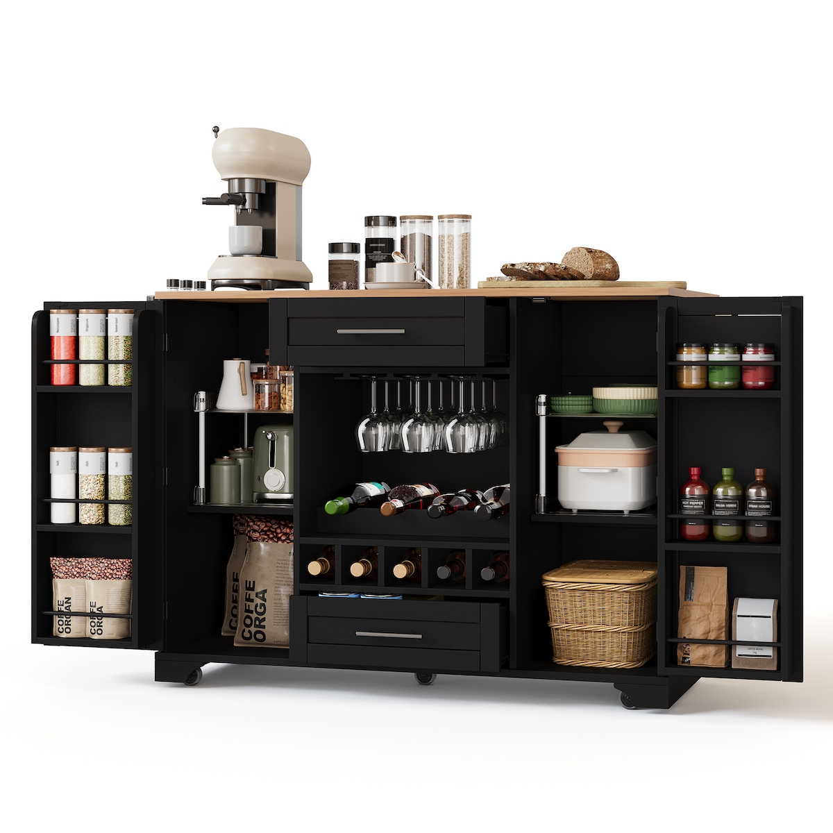 OKWISH Multifunktionaler Küchenwagen 138×70×92 cm Schwarz+Natur, klappbare Arbeitsplatte, Stauraum, Weinregal, Glashalter, Gewürzregal, Rollen Image