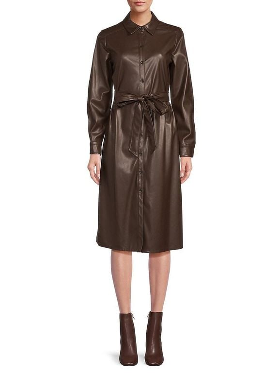 Faux Leather Shirtdress - Brown - Calvin Klein Dresses