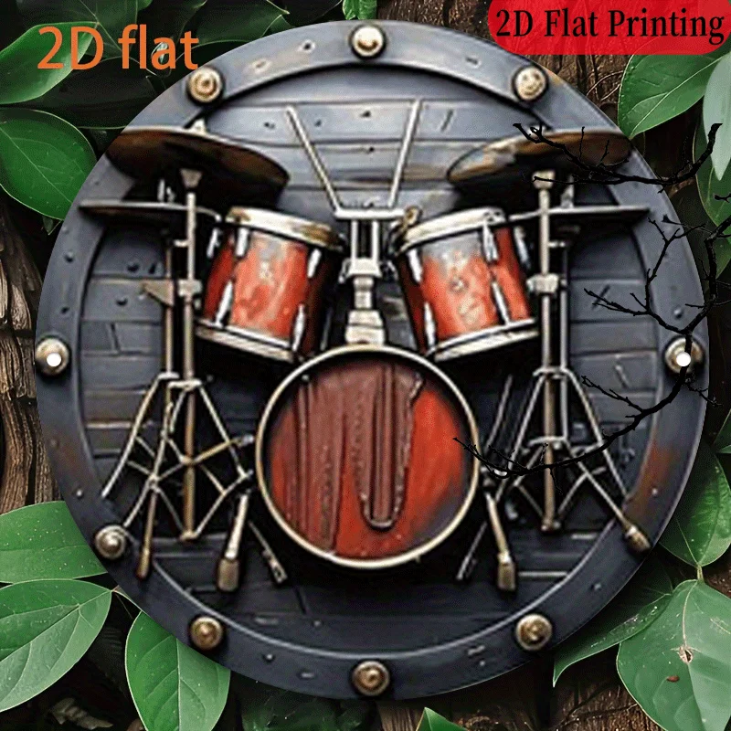 2D flach, 1 Stück, 20,32 x 20,32 cm, rundes 2D-Aluminiumschild, Vintage-Trommelband-Instrument, Metall, Rockmusik, Retro-Plakette, Band-Themen-Met Image