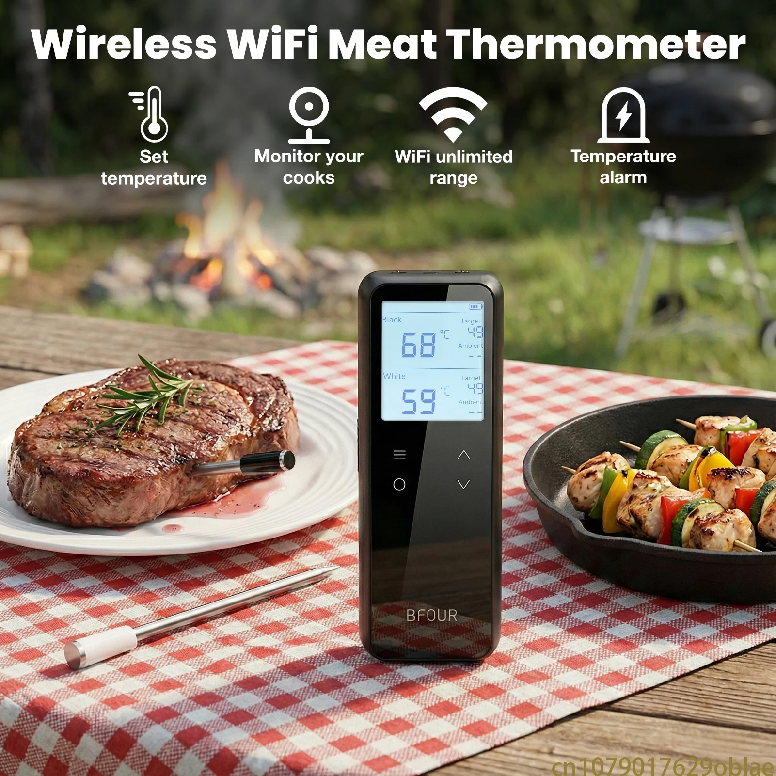 Kabelloses Fleischthermometer, digital, mit WiFi, unbegrenzter Reichweite und Bluetooth-Unterstützung, APP-Alarm-Erinnerung für Grill, Ofen, Heißluftfritteuse Image