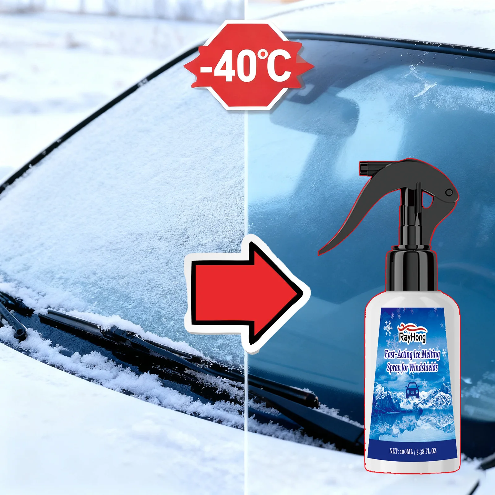 Schnell wirkendes Auto-Deicer-Spray, Windschutzscheiben-Eis- und Schneeentferner, Antibeschlag-Defroster für den Winter, Wiederherstellung klarer Sicht für Glas und Scheibenwischer Image