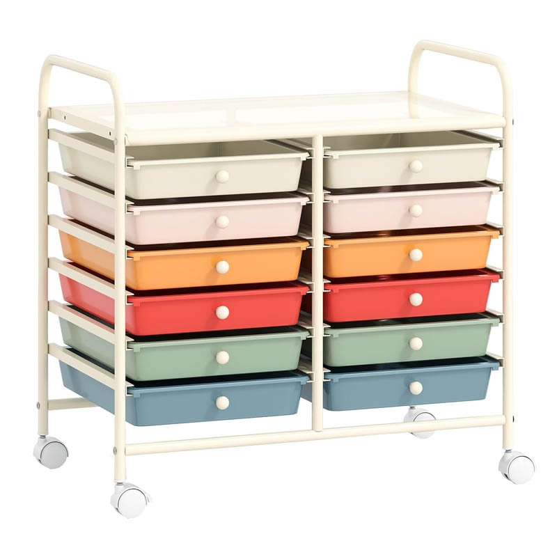 COSTWAY Rollwagen mit 12 stapelbaren Schubladen, Rollcontainer mit Metallrahmen und Ablage, 64 x 38 x 62 cm (Macaroon) Image