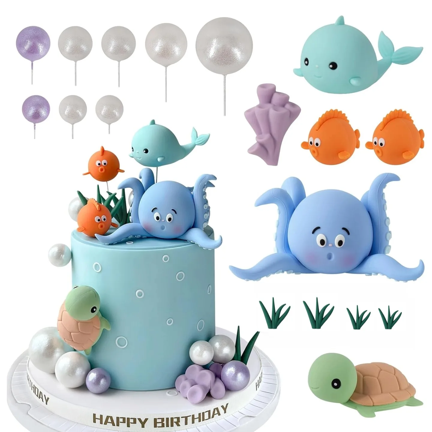 21 Stück Kuchendekorationen unter dem Meer, Meerestiere, Kuchenaufsatz mit Kuchenbällen für Jungen und Mädchen, Babyparty, Geburtstagsparty-Zubehör Image