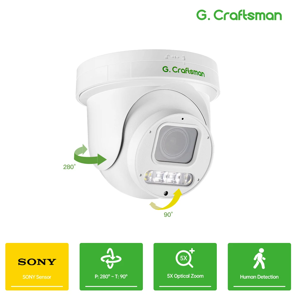 GC PS9, 5X POE PTZ, 2,7-13,5 mm Zoom, 8 MP 5 MP, S-ONY Audio, RTMP, Überwachung, Sicherheit, KI-LEDs CCTV-Video G.Craftsman Image