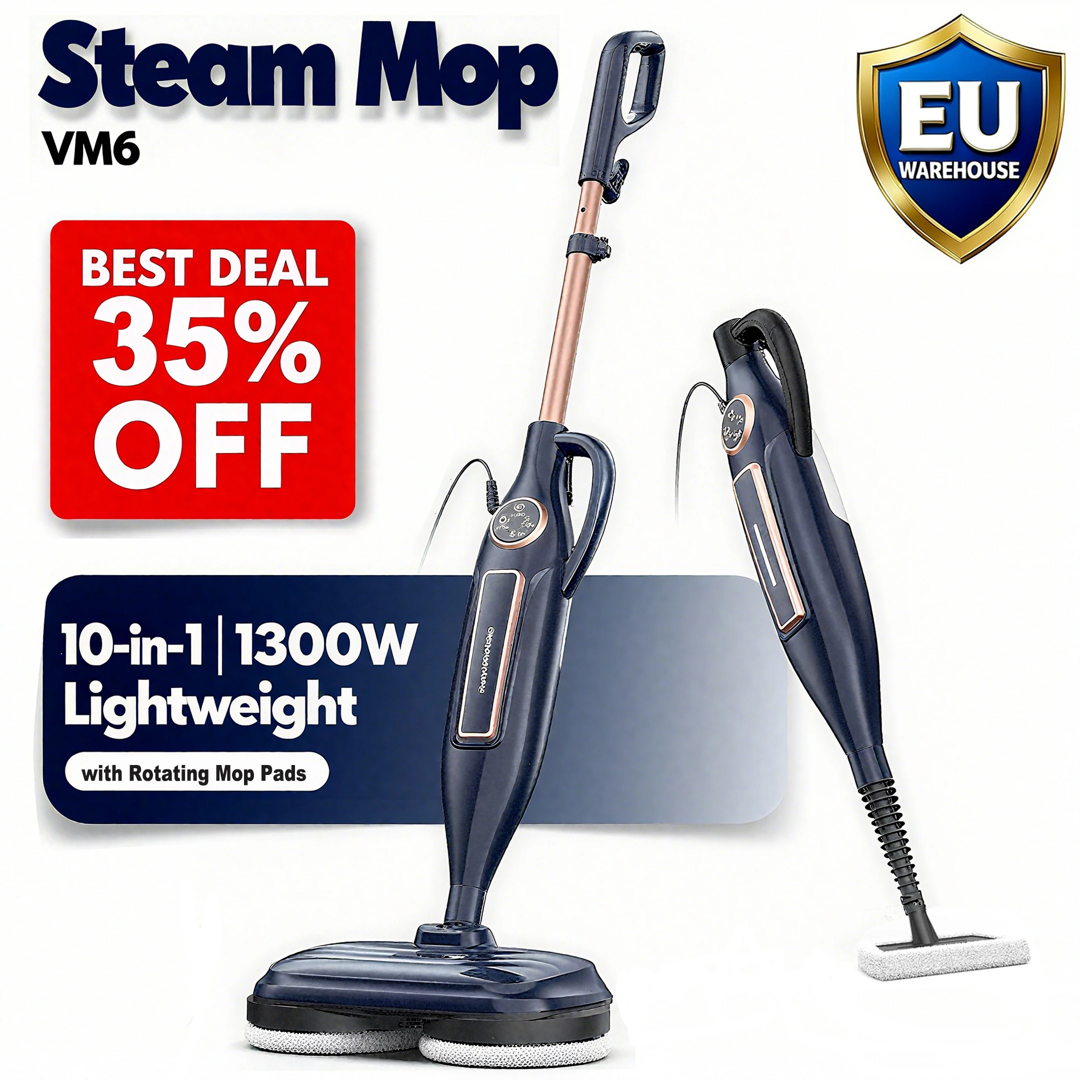 Dampfreiniger mit drehbarem Wischpad, 10-in-1, leichter Spin-Mop, 1300 W, leistungsstarker Bodendampfer für Zuhause, Hartholz, Laminat, VM6 Image