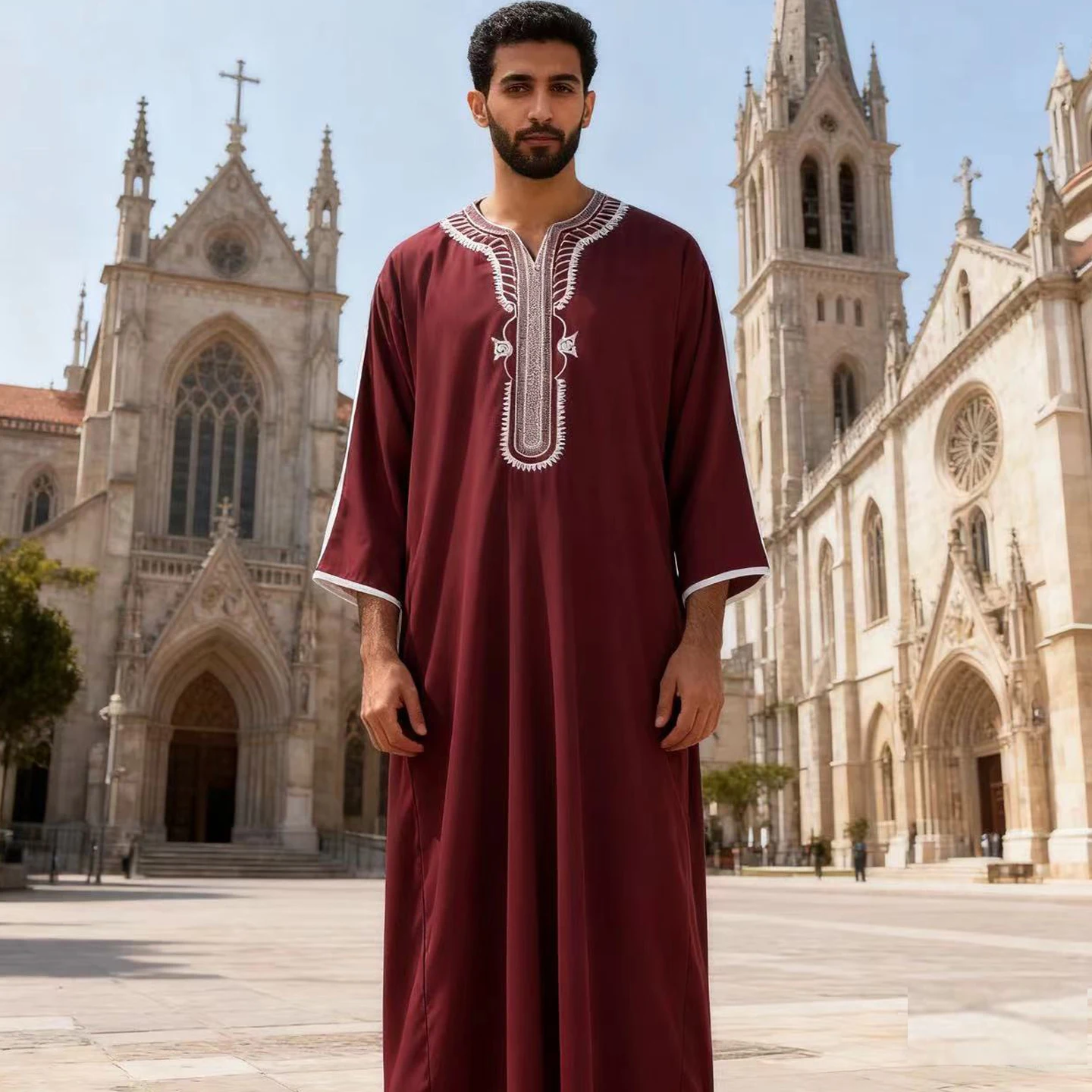 Abito da uomo arabo musulmano stile etnico ricamato stile marocchino casual tradizionale islamico Thobe abito lungo abito da preghiera