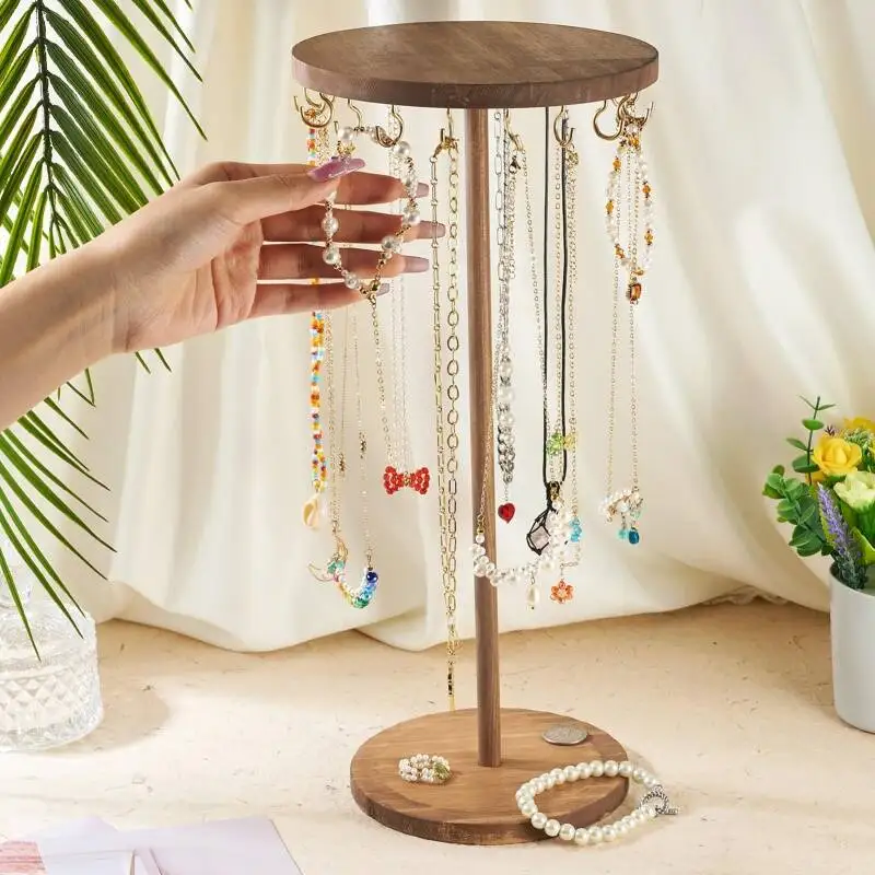 Hoher, runder, drehbarer Schmuck-Organizer aus Holz, Aufbewahrungszubehör für Armbänder, Halsketten, Ohrringe, Schmuckdisplays Image