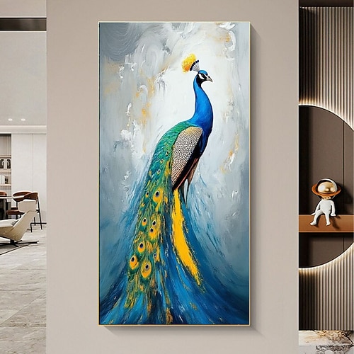 dipinto a olio fatto a mano con spatola, dipinto a olio di pavone blu, arte murale fatta a mano, dipinto originale di uccelli su tela, impressionismo, decorazione murale, dipinto moderno astratto,