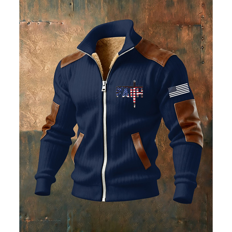 Men's Full Zip Hoodie Fleece Jacket Fleece Hoodie Black White Army Green Navy Blue Brown Standing Collar Cross American Flag Faith Pocket Faux Leather Accents Sports Outdoor Casual Daily Polyester