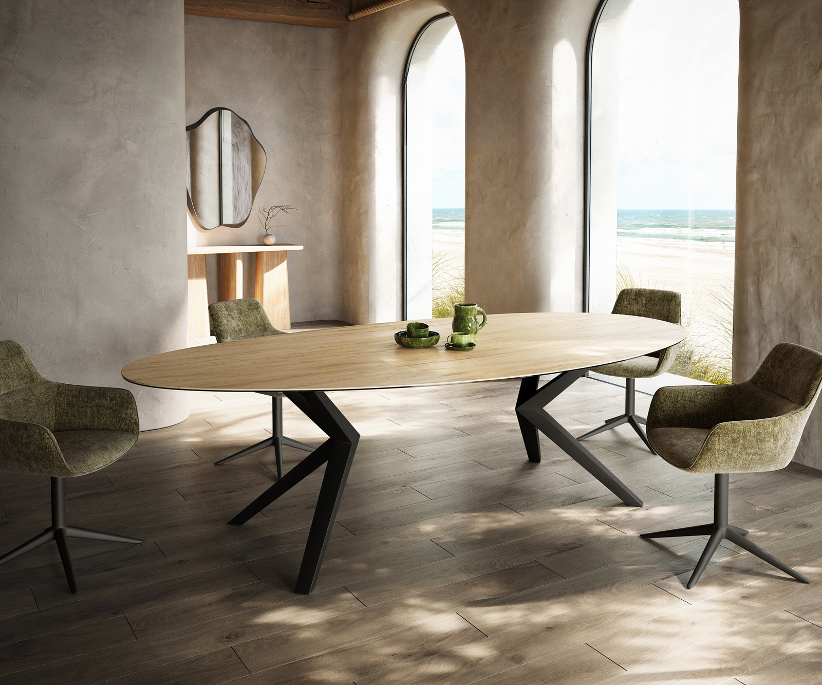 DELIFE Esstisch Edge Oval 280x130 Keramik Laminam® Sabbia Eichefarbig Zenthara kantig Metall Schwarz, Esstische Image