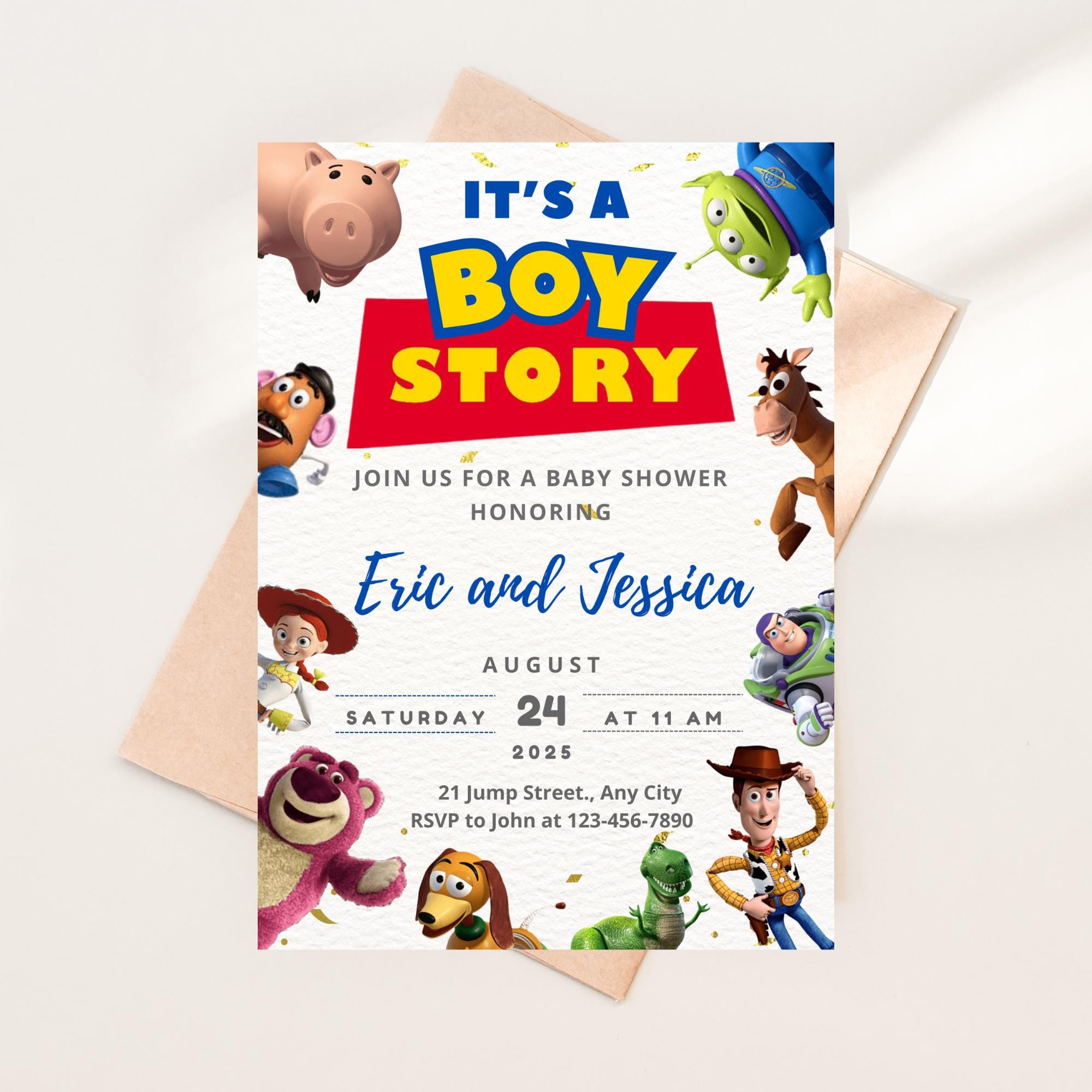 Invito per baby shower a tema Toy Story. Invito per baby shower. Baby shower per bambini. Modello di invito modificabile. Baby shower a tema Toy Story