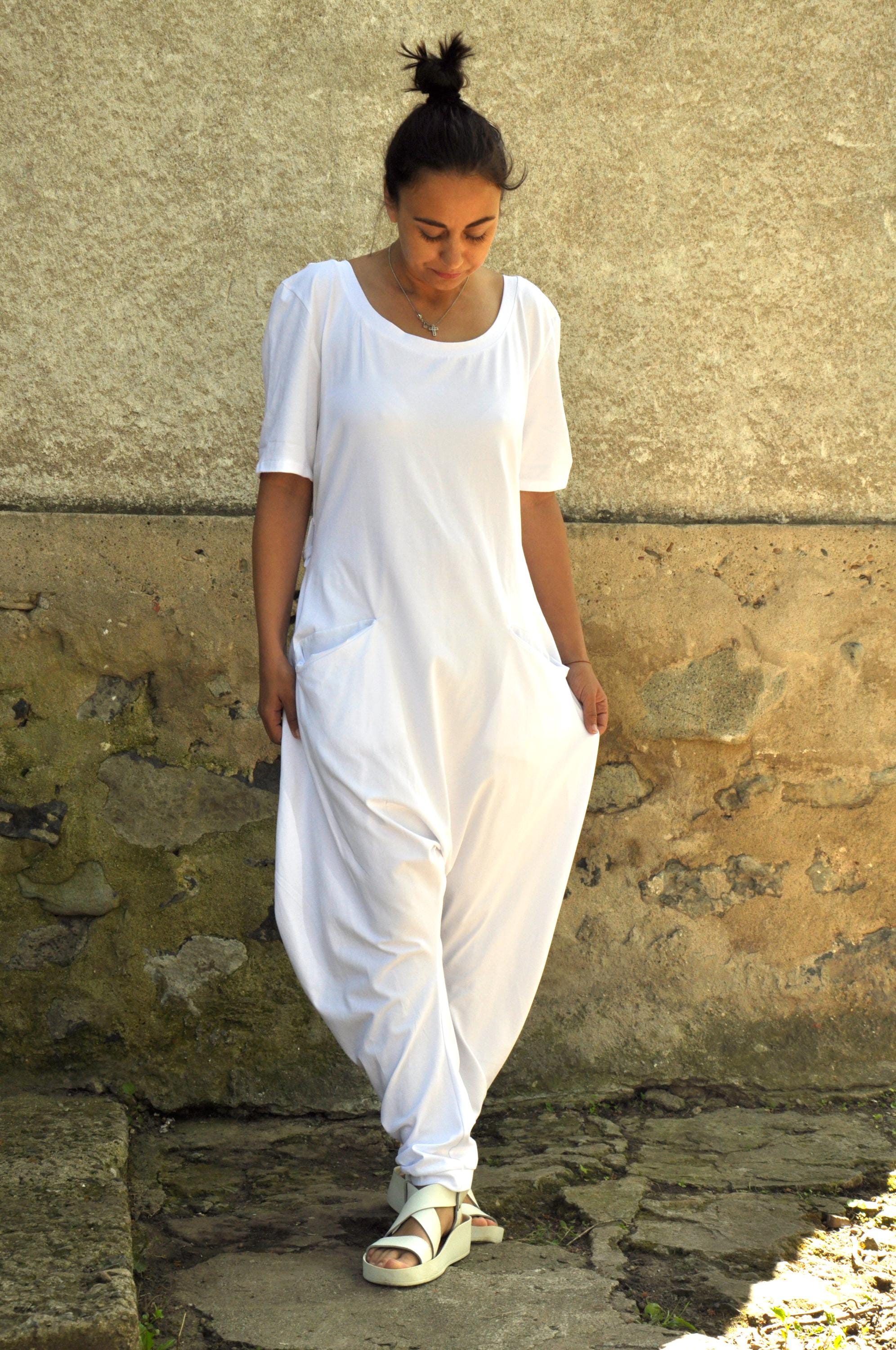 Tuta Harem da donna, tuta bianca, tuta da yoga, tuta in cotone, tuta a cavallo basso, tuta estiva, tuta da donna, abbigliamento taglie forti