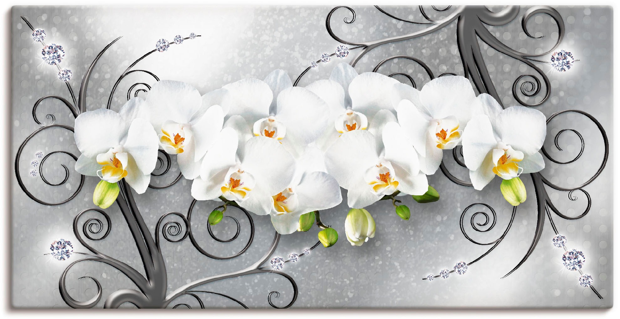 Wandbild ARTLAND "weiße Orchideen auf Ornamenten", grau (farbe bild(er): grau), B:60cm H:30cm, Bilder, als Alubild, Outdoorbild, Leinwandbild, Poster, Wandaufkleber