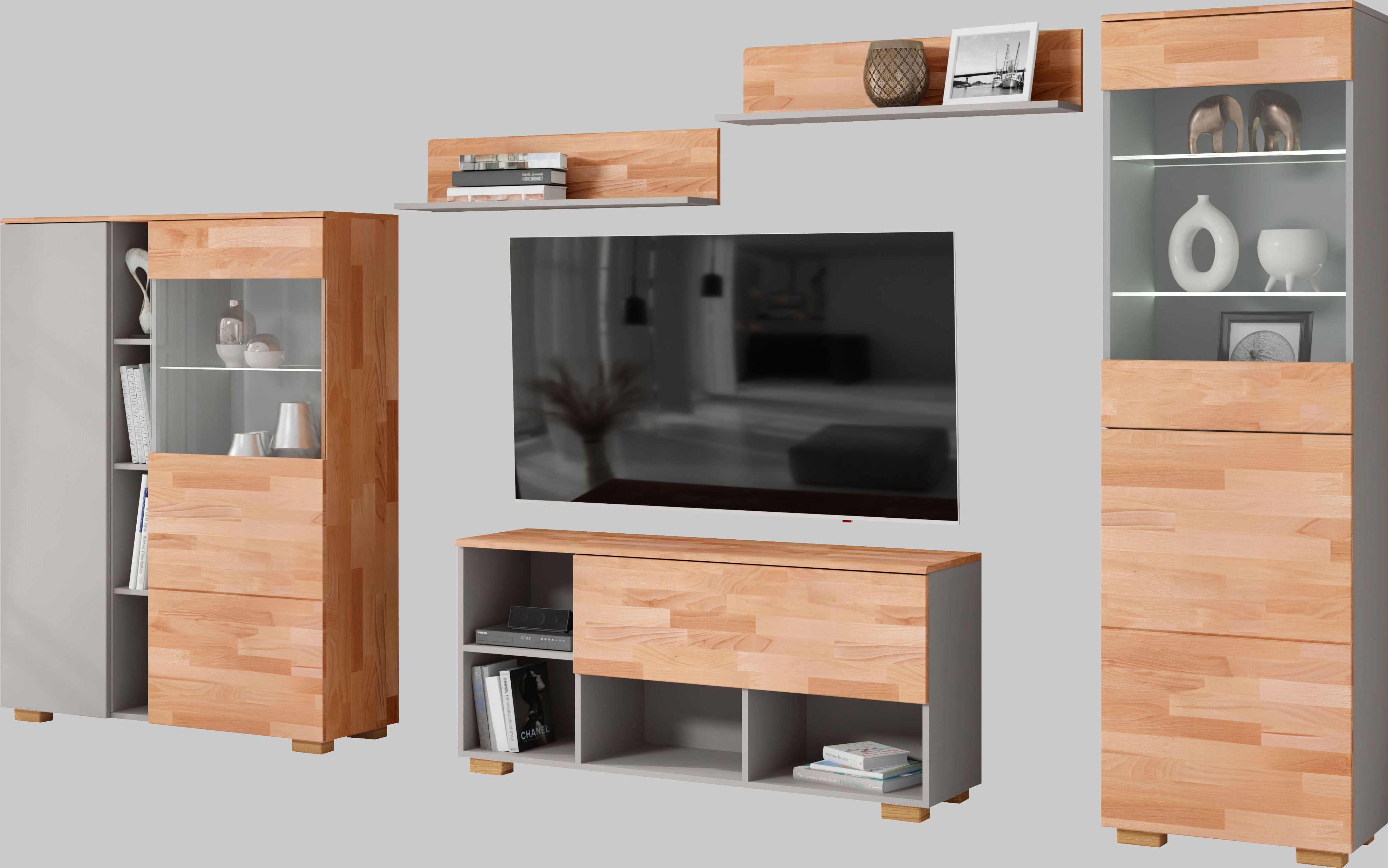 Wohnwand HOME AFFAIRE, braun (braun und grau), B:290cm H:185cm T:35cm, Holzwerkstoff, Massivholz, Kastenmöbel-Sets, Wohnwand, schöne moderne Optik