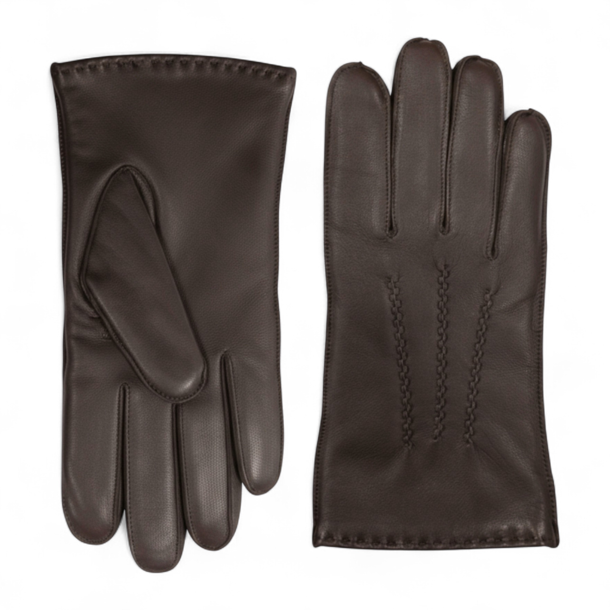 Braune Herrenhandschuhe aus italienischem Leder mit warmem Wollfutter, Winter-Ziernahtdesign, ideal zum Reiten, Autofahren und für Freizeit. Image