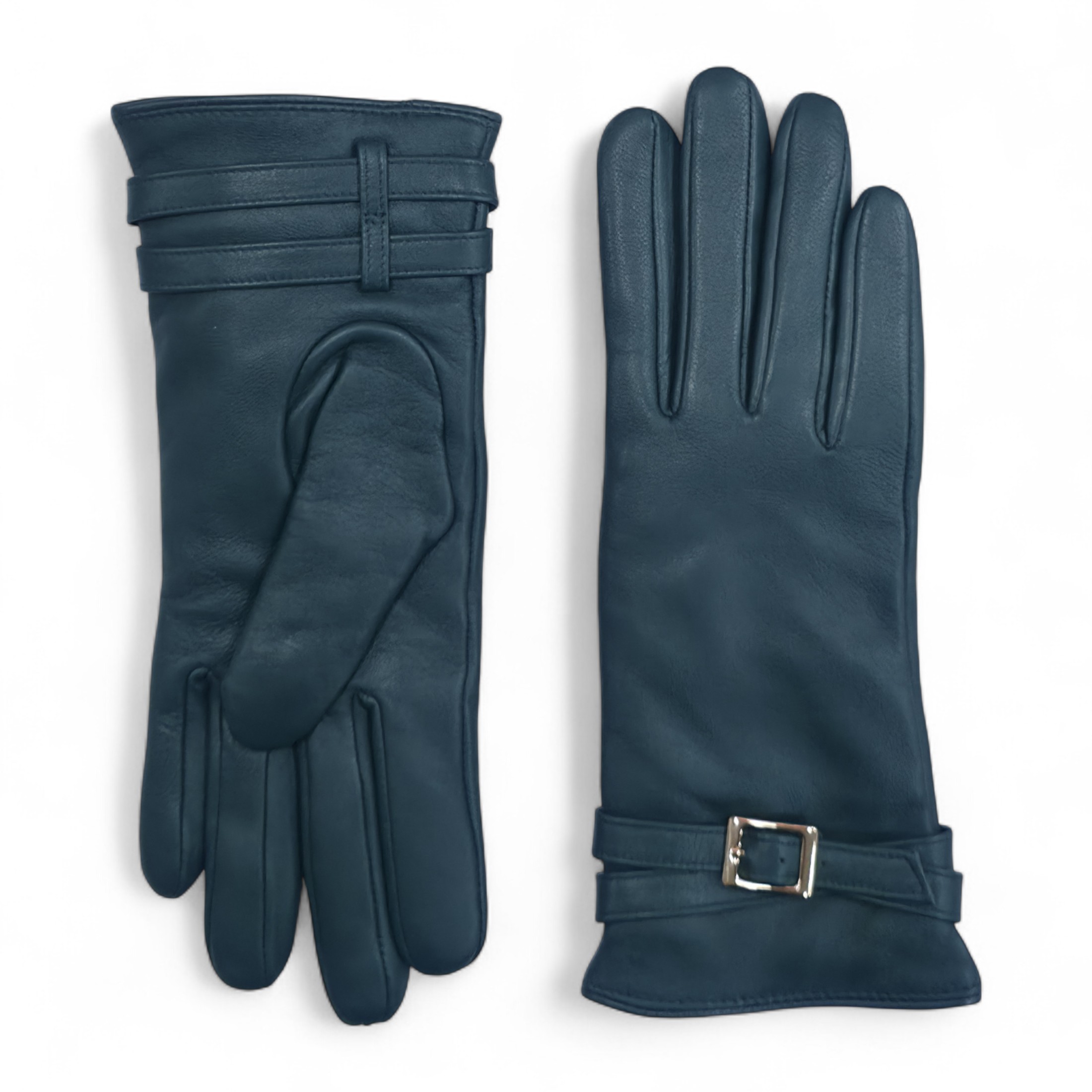 Damen-Winter-Fahrhandschuhe aus türkisgrünem italienischem Leder mit weichem Wollfutter und Schnalle Image