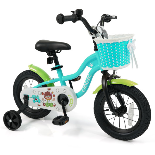 Costway 12/14/16 Inch Kids Bike with Training Wheels and Basket Green Color-12