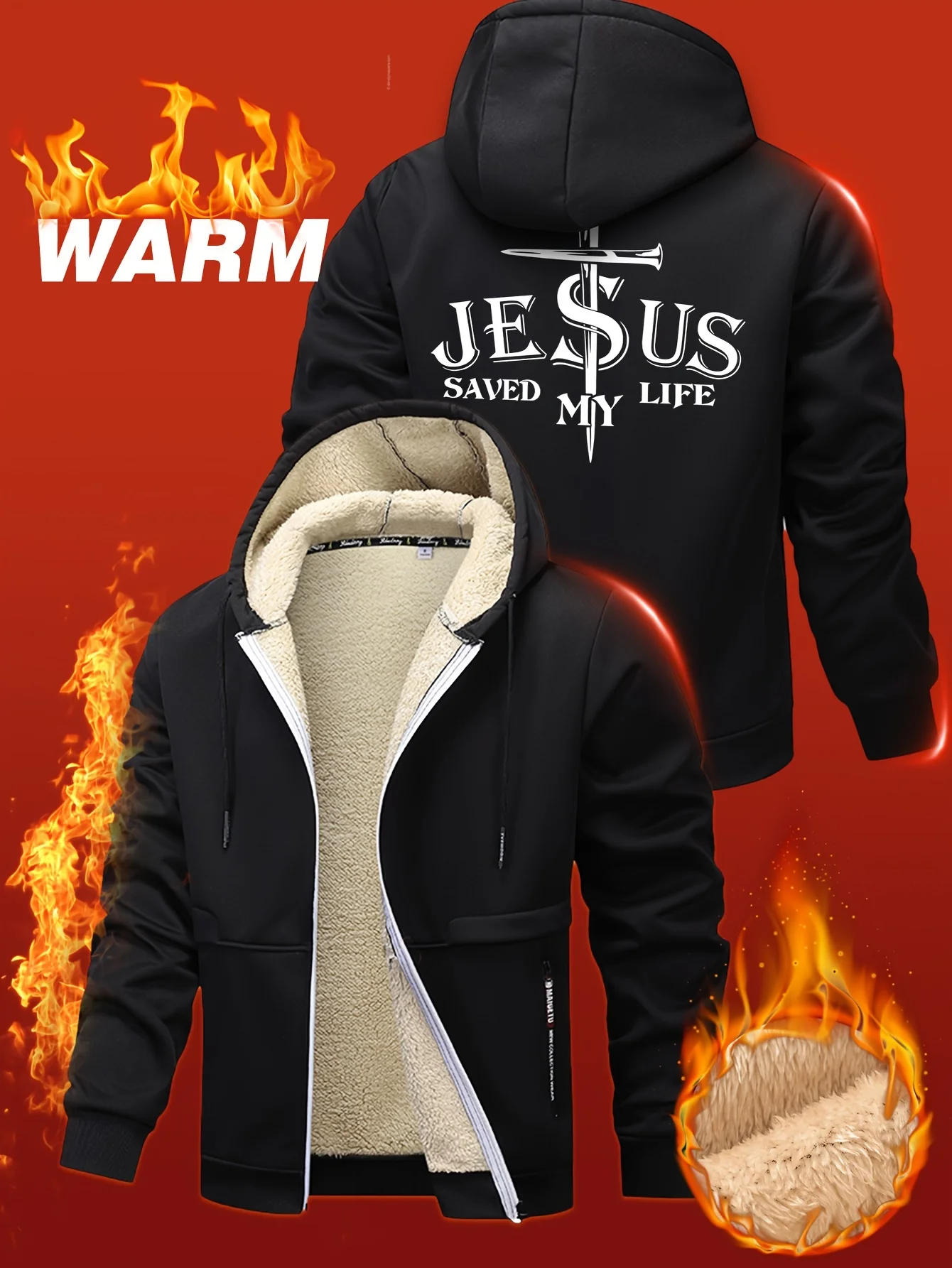 Christliche religiöse Kapuzenjacke für Herren – rettet mein Leben, grafischer Reißverschlussmantel mit Vordertasche, warme Winteroberbekleidung für Herren Image