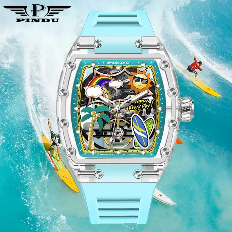 PINDU Uhr Einzigartige Zifferblatt Design Stil Männer Mechanische Uhr Sommer Strand Mode Uhr Leuchtende Wasserdichte Harz Automatische Uhren Image