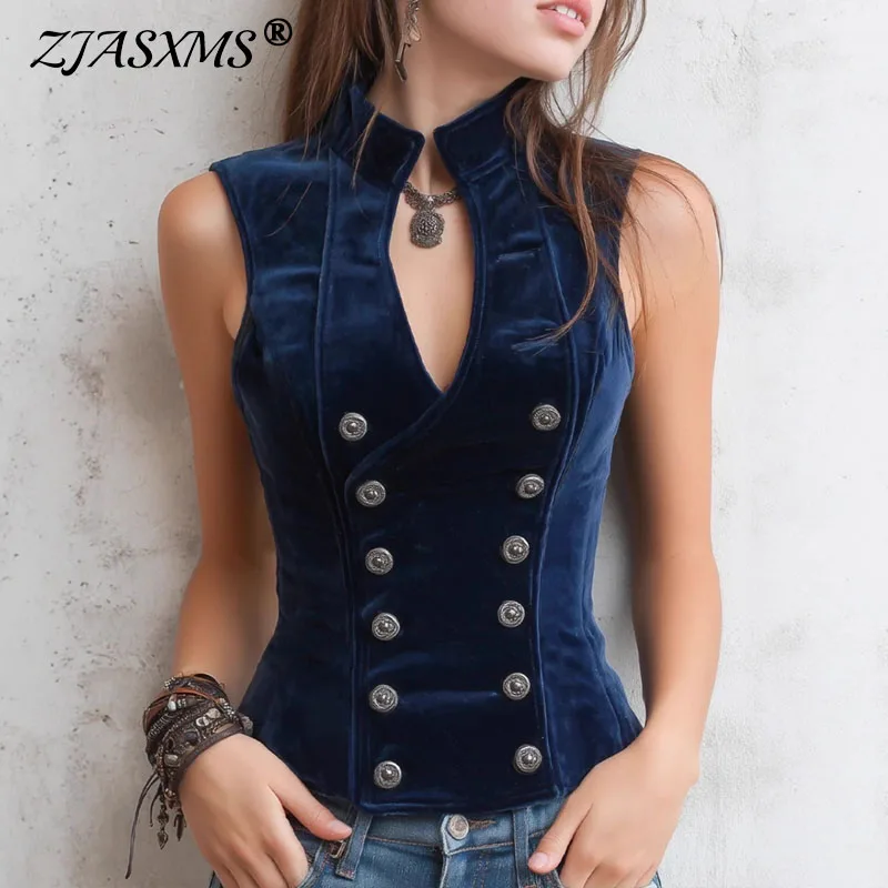 Autunno Inverno Solido Velluto Gilet da donna Giacca Elegante scollo a V doppio petto Top Cardigan Senza maniche Slim Vintage Capispalla Cappotti
