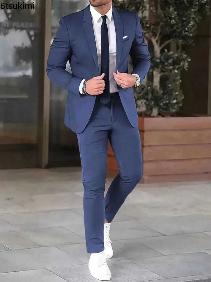 Completi da uomo di alta qualità Completi da sposo per matrimoni alla moda Tinta unita Slim Eleganti set da due pezzi Giacca e pantaloni blazer