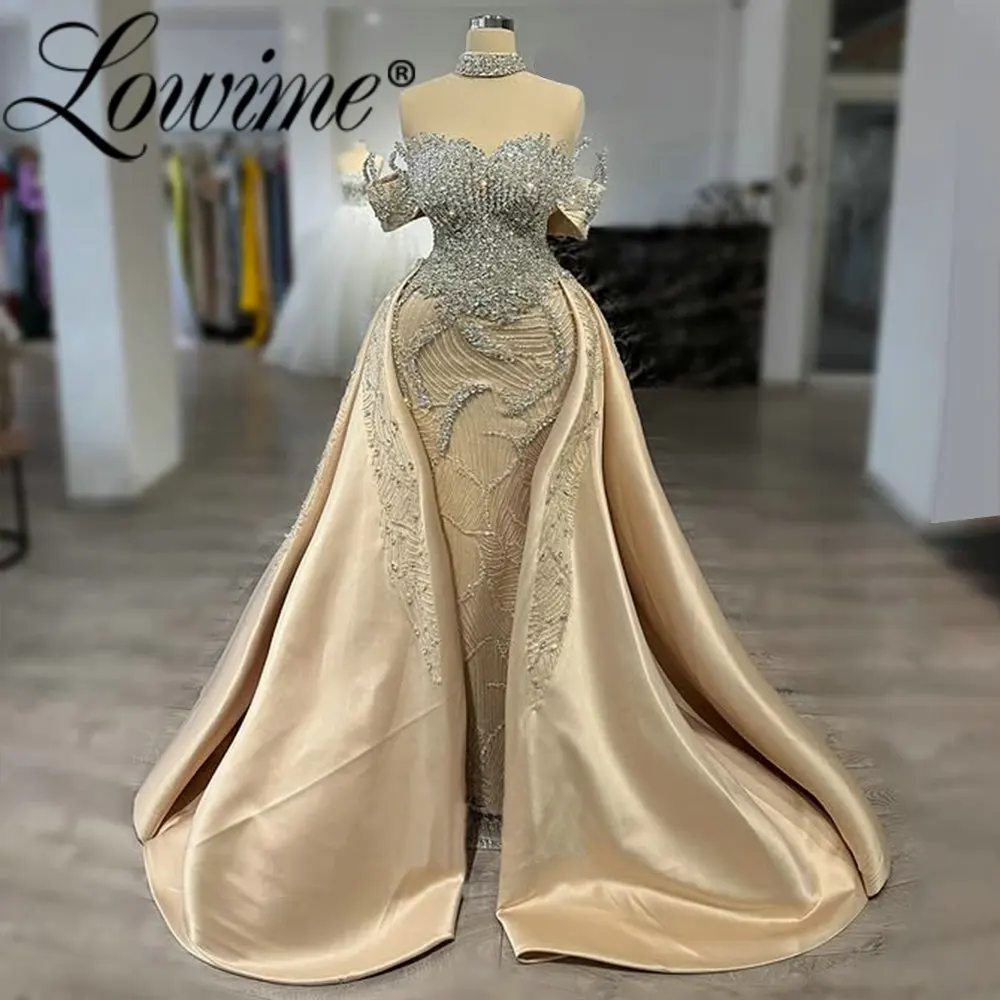 Dubai Champagner schulterfreie Meerjungfrau-Abendkleider mit abnehmbarer Schleppe, Kristallen, formelle Hochzeits-Dinner-Party-Kleider, individuell gestaltet Image