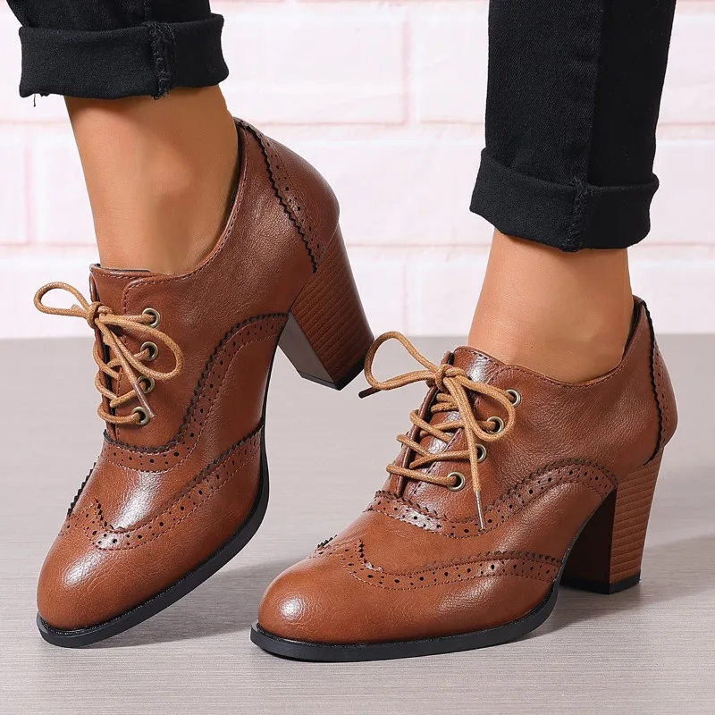 British Women Ankle Boots Oxfords High Block Heels Pumps Brown Leather Round Toe Dress Office Ladies Lace-up Vintage Shoes